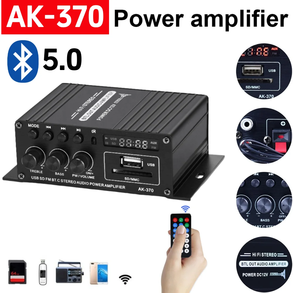 Home Cinema Solution - AK-370 Bluetooth アンプ パワーアンプ 20W+20W 12V