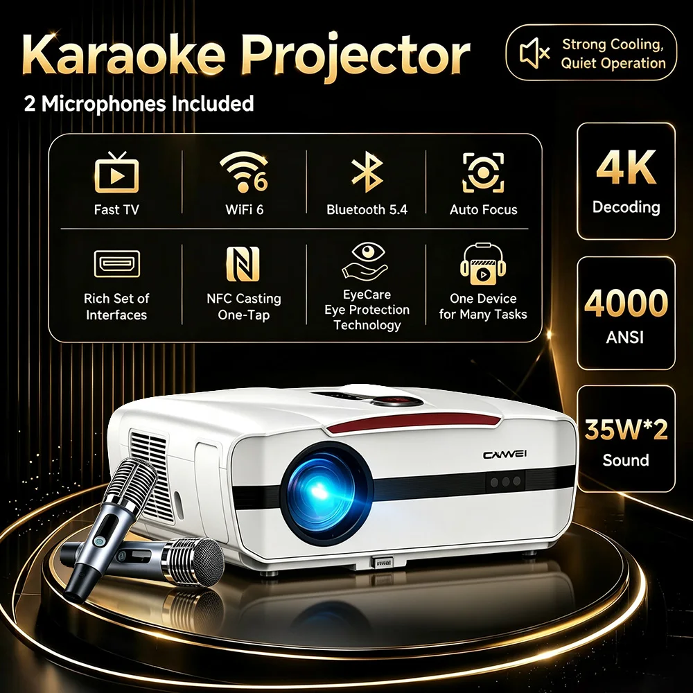 Home Cinema Karaoke Projector - 4Kプロジェクター 4000ANSI カラオケホームシアター 2つのマイク搭載 フル1080P FastTV